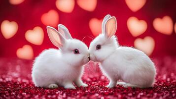 Two white bunnies kissing on valentine's day with red heart background photo