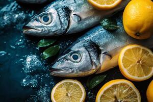 Fresh fish on ice with lemon and bay leaves ready for cooking photo