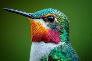 Colorful hummingbird showing its wonderful plumage on green background photo