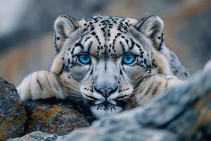 Majestic snow leopard resting on rocks, displaying striking blue eyes photo