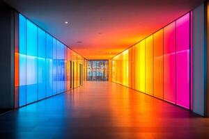 Illuminated corridor with vibrant multicolored glass panels creating a stunning visual effect photo