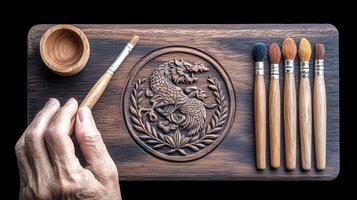Artist's Hand Holding Paintbrush on Carved Wooden Palette with Dragons and Paintbrushes photo