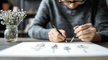 Person drawing botanical illustrations with fine liner pens on white paper Creative hobby at home photo