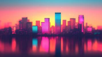 Vibrant Cityscape at Sunset Neon Lights Reflecting on Calm Waters A Stunning View of Modern Architecture at Dusk photo