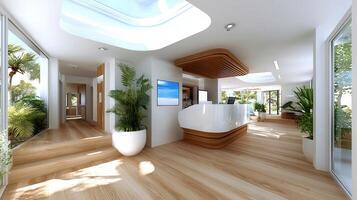 Modern Tropical Resort Reception Area with Wooden Flooring and Skylight photo