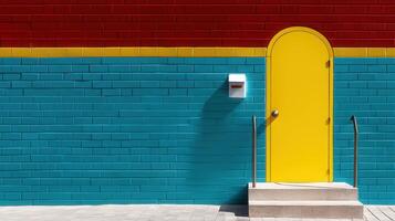Vibrant Teal Brick Wall with Yellow Door and Steps Architectural Design photo