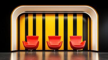 Modern Red Chairs in a Stylish Yellow and Black Interior Design Waiting Area photo