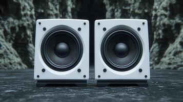Pair of Modern White Cube Speakers on Dark Surface Against a Dramatic Background photo