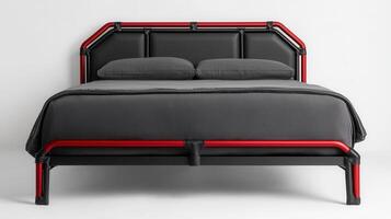 Modern Red and Black Metal Bed Frame with Gray Bedding Stylish Bedroom Furniture Design photo