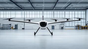 Modern Autonomous Drone Aircraft in a Large Industrial Hangar A Futuristic Aerial Vehicle Ready for Flight photo