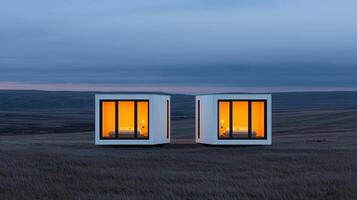 Two modern minimalist cabins illuminated at dusk in a vast landscape offering a tranquil escape photo