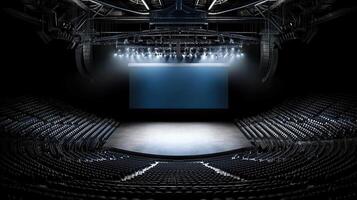 Empty Concert Hall Stage with Large Screen and Rows of Seats Ready for a Show photo