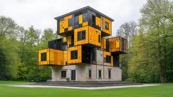 Modern Yellow and Black Cube Building in a Lush Green Park Landscape Architecture Design photo