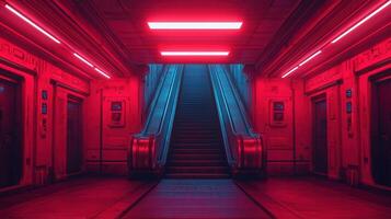 Futuristic Red Neon Lit Escalator in a Cyberpunk Corridor Sci Fi Interior Design photo