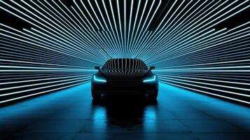 Sleek Black Car in Futuristic Neon Blue Light Tunnel A modern automobile showcased in a vibrant digital art setting photo