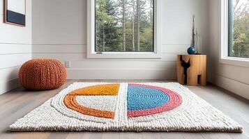 Modern Abstract Rug in a Bright Living Room with a Knitted Pouf and Natural Wood Side Table photo