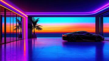Luxury Sports Car in Modern Garage with Ocean Sunset View Neon Lights photo