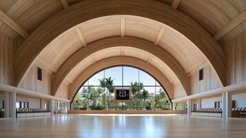 Modern Wooden Indoor Basketball Court with Large Arch Window and Tropical View photo