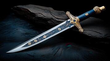 Ornate Dagger with Blue and Gold Floral Design on Dark Stone Background A Close up View of an Exquisitely Crafted Weapon photo