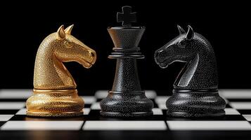Gold and Black Chess Knights Flanking the King on a Checkerboard Strategy Game Concept photo