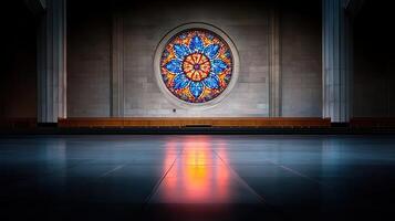 Stunning circular stained glass window in a modern building's interior a beautiful architectural detail photo