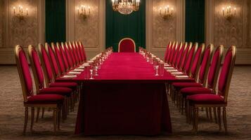 Elegant Long Red Table Setting in a Grand Room with Gold Chairs A Formal Dinner or Meeting Ready photo