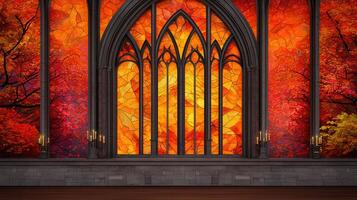 Autumnal stained glass window in gothic architecture with autumn trees and burning candles photo