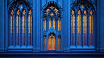 Majestic Gothic Church Entrance with Illuminated Stained Glass Windows at Dusk photo