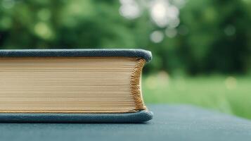 Close up of Antique Book's Gilded Edge Outdoors in a Lush Green Setting A Detailed View of Aged Pages and Binding photo