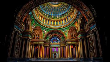 Majestic Interior of a Grand Cathedral with Ornate Dome and Colorful Frescoes photo