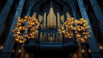Majestic Church Pipe Organ with Golden Floral Decorations Architectural Interior photo