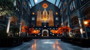 Grand Hall with Pipe Organ Autumnal Decor Architectural Interior Design photo
