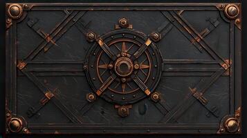 Dark Metal Panel with Intricate Copper Wheel Design Ideal for Backgrounds Textures and Game Assets photo