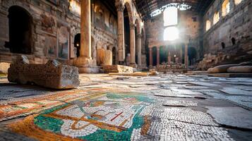 Ancient Roman mosaic floor in a historical basilica ruin sunlight illuminating the scene photo