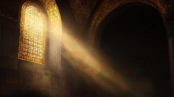 Golden Sunlight Streaming Through Ancient Stained Glass Window in a Historic Building photo