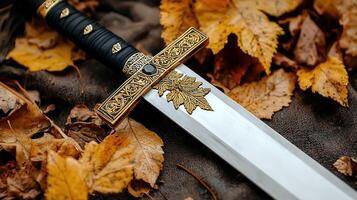 Ornate Medieval Sword on Autumn Leaves A Detailed Close Up Shot photo