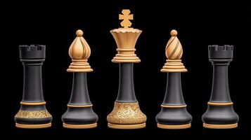 Elegant Black and Gold Chess Pieces King Queen Bishop Rook Set for Strategy Game photo