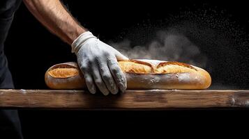 Baker's Hands Placing Freshly Baked Loaf of Bread on Wooden Table photo