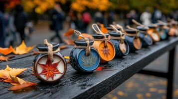 Autumnal Maple Leaf Decor Small Ceramic Jars on Wooden Table photo