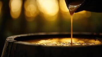 Golden Liquid Pouring into Old Wooden Barrel at Sunset Warm Light Background photo