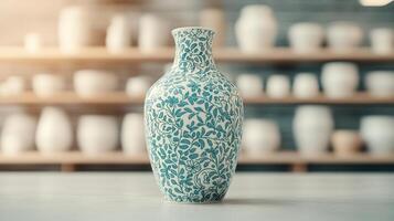 Elegant Teal Floral Ceramic Vase on Tabletop in Pottery Studio Setting Beautiful Home Decor photo
