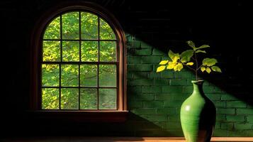 Serene Green Vase with Branch near Sunlit Window and Brick Wall A peaceful scene of nature indoors photo