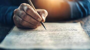 Elderly Person's Hands Writing with a Quill Pen on Antique Paper Document photo