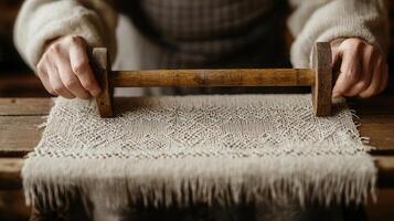 Hands using a vintage wooden tool to weave a delicate beige linen fabric Traditional textile craft photo