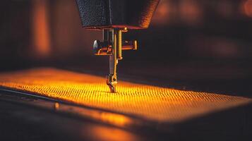Close up view of a sewing machine needle stitching fabric Illuminated needle and textile detail photo