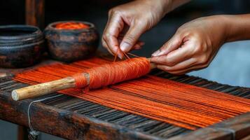Skilled Hands Weaving Vibrant Orange Threads on a Traditional Loom Authentic Craft Production photo