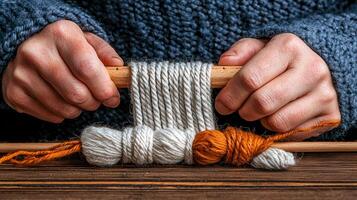 Woman's Hands Weaving with Yarn on Wooden Loom Creating a Unique Textile Art Piece photo