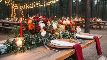 Romantic Rustic Outdoor Wedding Reception Table Setting with Red and White Flowers and Candles photo