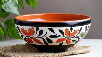 Hand painted terracotta bowl with floral design a vibrant kitchenware serving bowl for salads and snacks photo