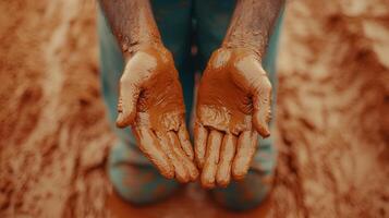 Close up of hands covered in rich red clay soil showing texture and detail of a worker's hands photo